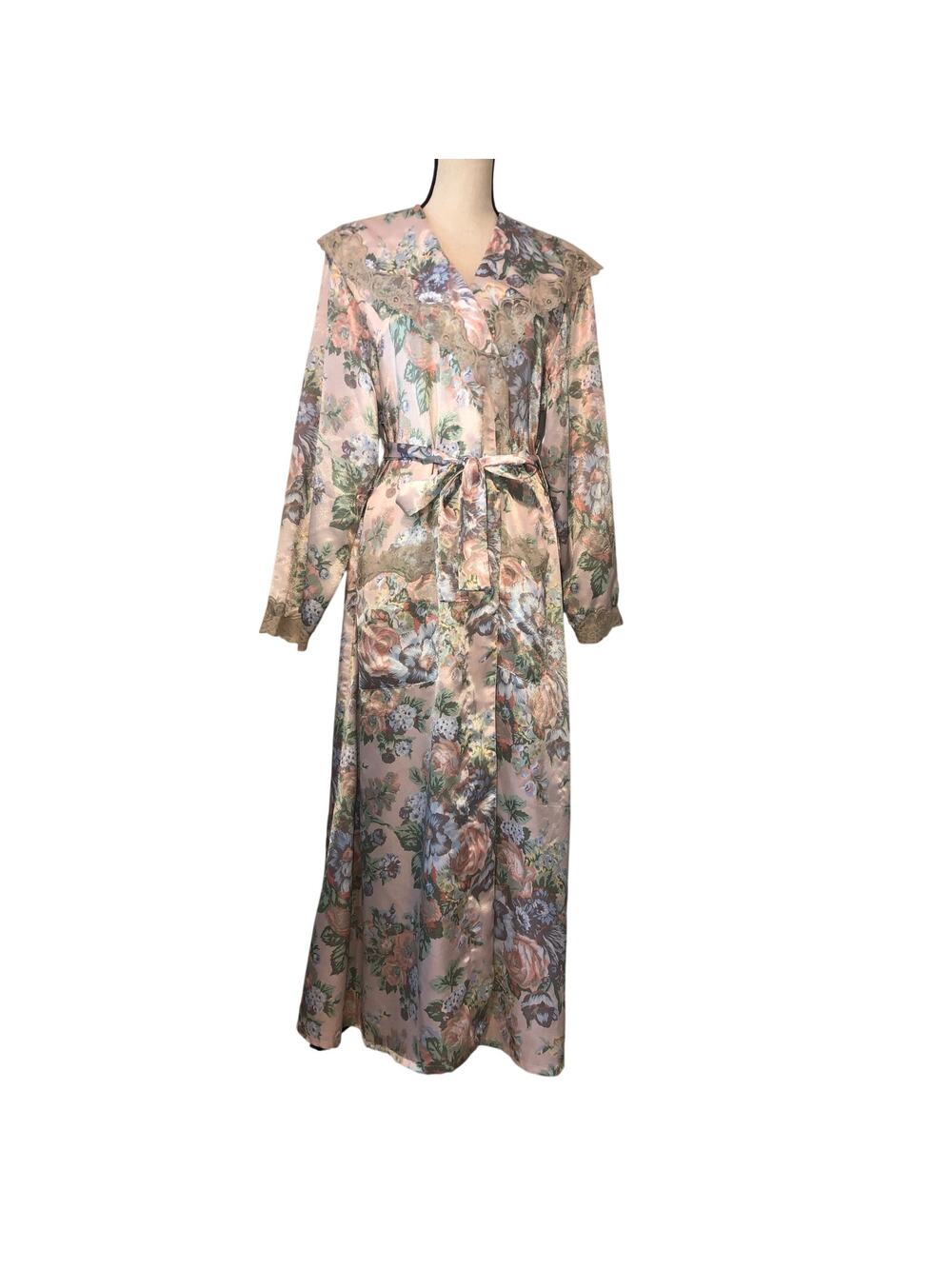 Victoria's Secret Gold Label 90s Robe Size L Pink Floral Lace Wrap Belt Pockets
